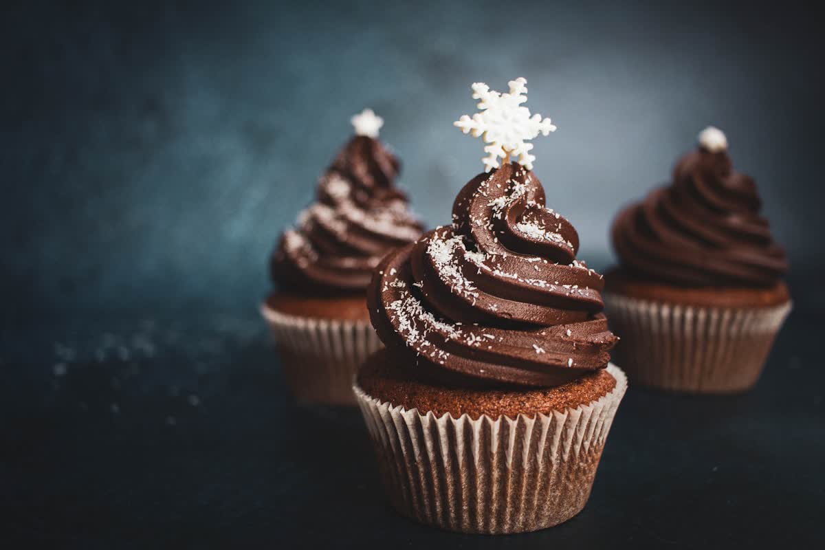 Chocolate cupcake piped with rich chocolate buttercream