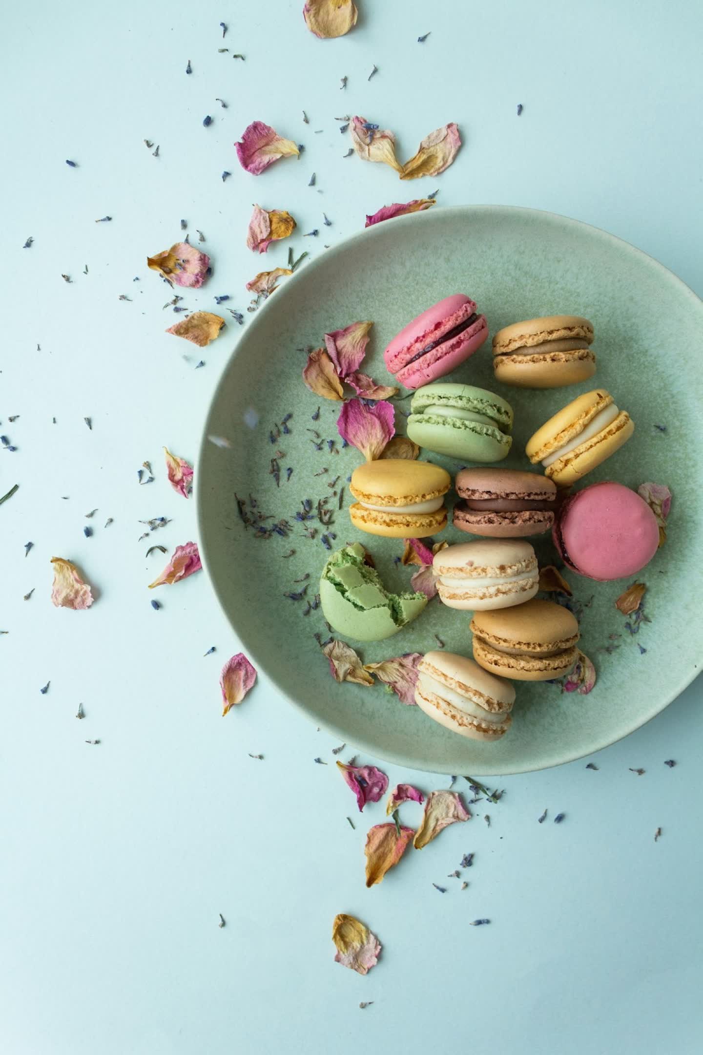 Macarons in soft colours arranged on a plate with dried petals